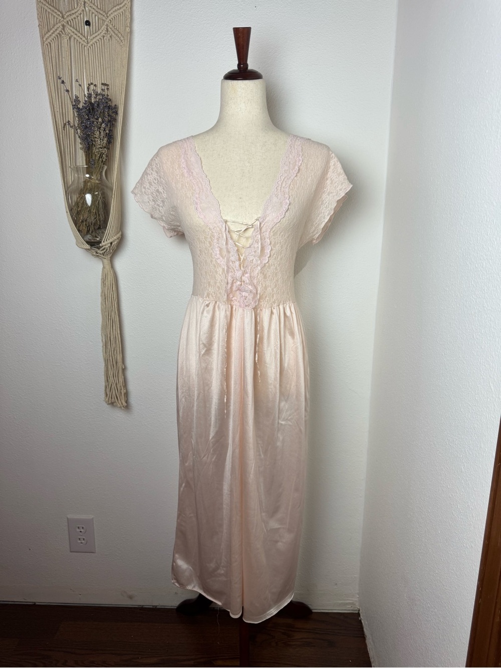 Vintage Blush Lace-Trim Satin Nightgown